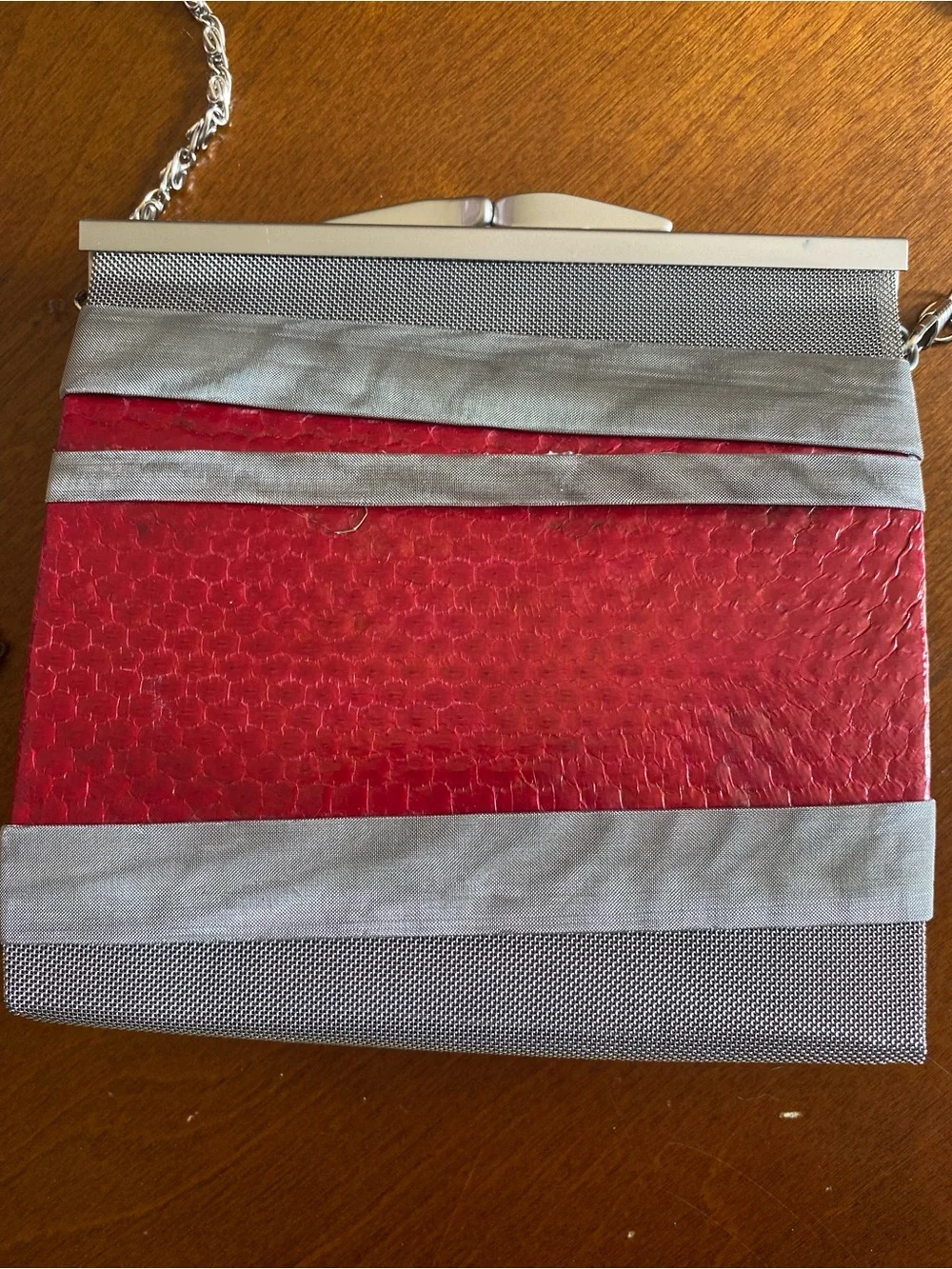 Bos Art studio Red snakeskin and Silver/gray mesh Evening Clutch Bag